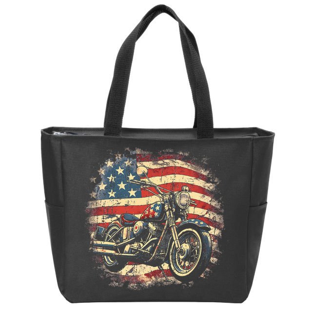 US Flag Motorcycle USA Retro Biker Zip Tote Bag