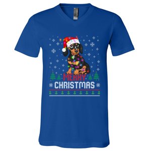 Ugly Funny Merry Christmas Dachshund Dog Santa Hat Lights Gift V-Neck T-Shirt