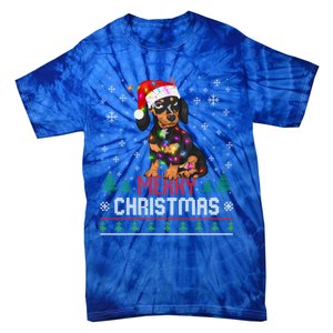 Ugly Funny Merry Christmas Dachshund Dog Santa Hat Lights Gift Tie-Dye T-Shirt