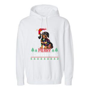 Ugly Funny Merry Christmas Dachshund Dog Santa Hat Lights Gift Garment-Dyed Fleece Hoodie