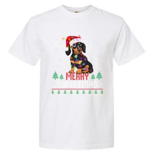 Ugly Funny Merry Christmas Dachshund Dog Santa Hat Lights Gift Garment-Dyed Heavyweight T-Shirt