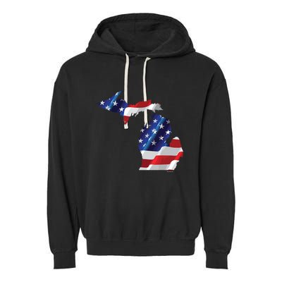 Us Flag Michigan Map Patriotic Great Lakes Gift Garment-Dyed Fleece Hoodie