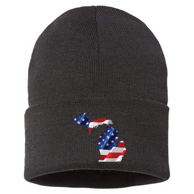 Us Flag Michigan Map Patriotic Great Lakes Gift Sustainable Knit Beanie