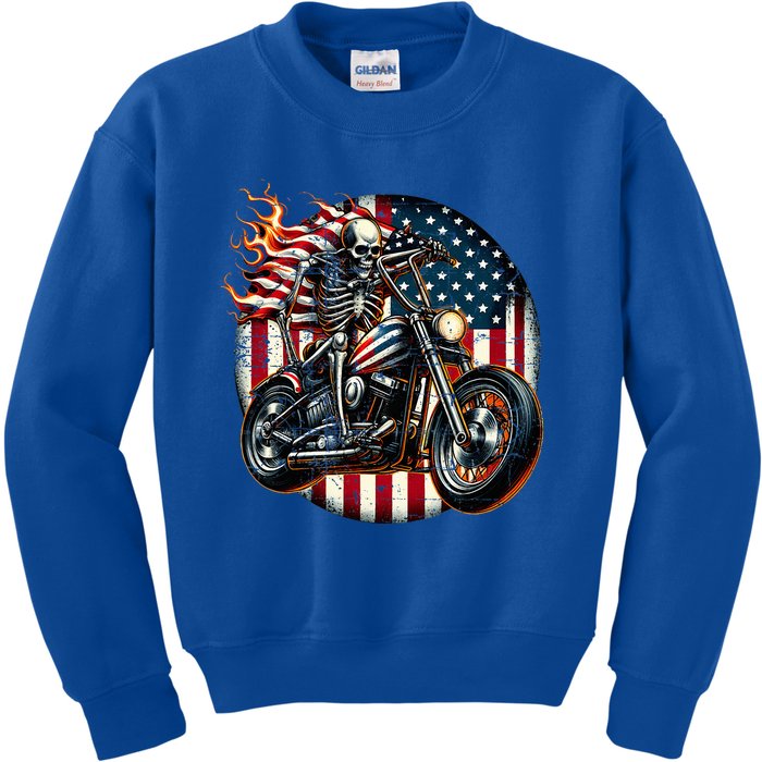 Usa Flag Motorcycle Skeleton Biker 4th July American Patriot Kids Sweatshirt