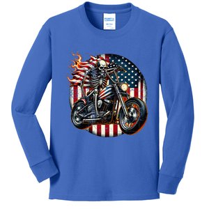 Usa Flag Motorcycle Skeleton Biker 4th July American Patriot Kids Long Sleeve Shirt