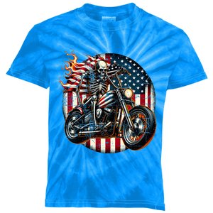 Usa Flag Motorcycle Skeleton Biker 4th July American Patriot Kids Tie-Dye T-Shirt