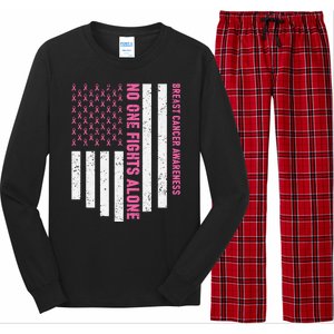 USA Flag No One Fight Alone Breast Caner Awareness Long Sleeve Pajama Set