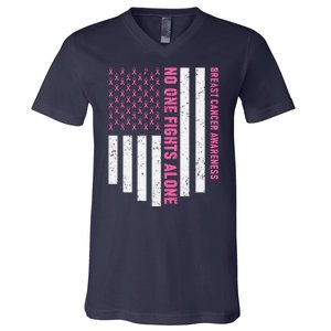 USA Flag No One Fight Alone Breast Caner Awareness V-Neck T-Shirt