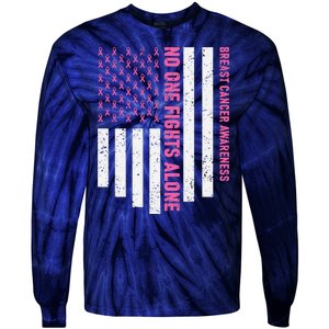 USA Flag No One Fight Alone Breast Caner Awareness Tie-Dye Long Sleeve Shirt