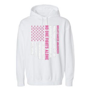 USA Flag No One Fight Alone Breast Caner Awareness Garment-Dyed Fleece Hoodie