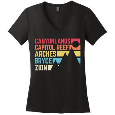 Utahs Five National Parks Souvenir Cool Nps Moab Utah Mighty 5 Women's V-Neck T-Shirt