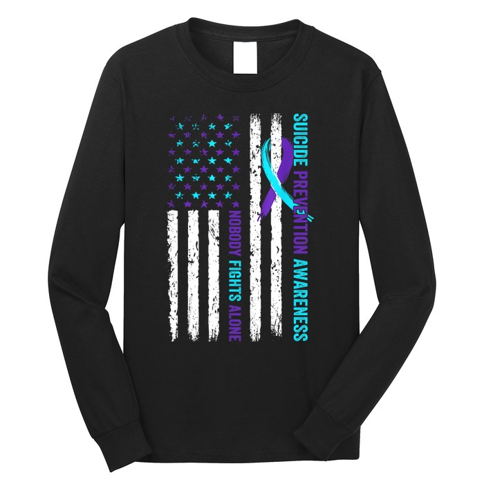 USA Flag Nobody Fights Alone Suicide Prevention Awareness Long Sleeve Shirt