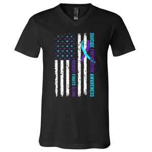 USA Flag Nobody Fights Alone Suicide Prevention Awareness V-Neck T-Shirt