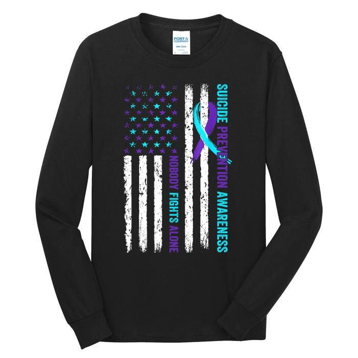 USA Flag Nobody Fights Alone Suicide Prevention Awareness Tall Long Sleeve T-Shirt