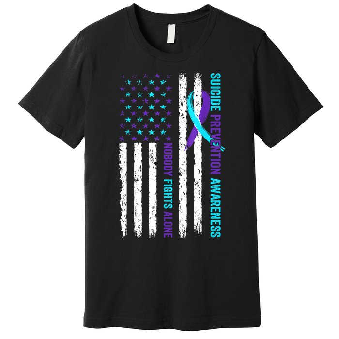 USA Flag Nobody Fights Alone Suicide Prevention Awareness Premium T-Shirt