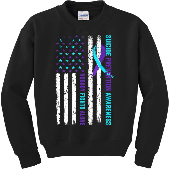 USA Flag Nobody Fights Alone Suicide Prevention Awareness Kids Sweatshirt