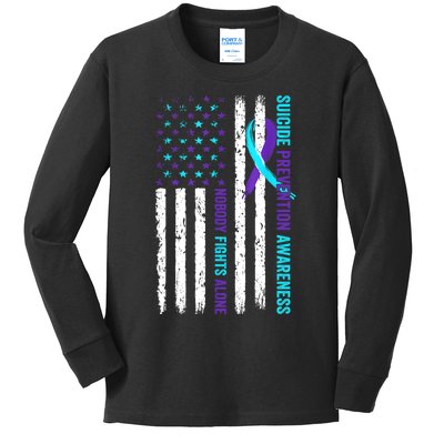 USA Flag Nobody Fights Alone Suicide Prevention Awareness Kids Long Sleeve Shirt