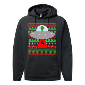 UFO Alien Abducting Reindeer Ugly Christmas Sweater Design Performance Fleece Hoodie