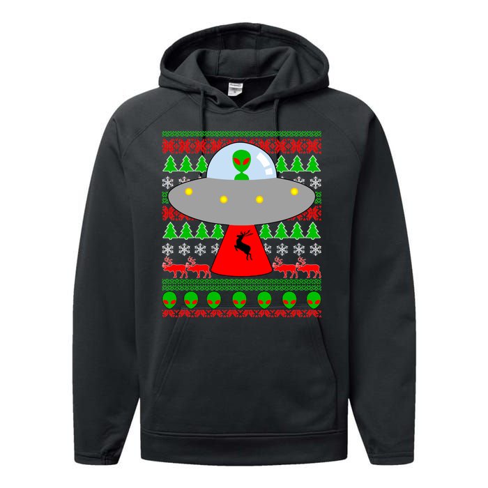 UFO Alien Abducting Reindeer Ugly Christmas Sweater Design Performance Fleece Hoodie