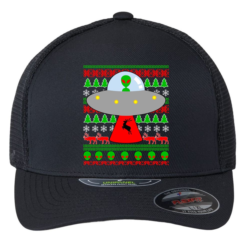 UFO Alien Abducting Reindeer Ugly Christmas Sweater Design Flexfit Unipanel Trucker Cap