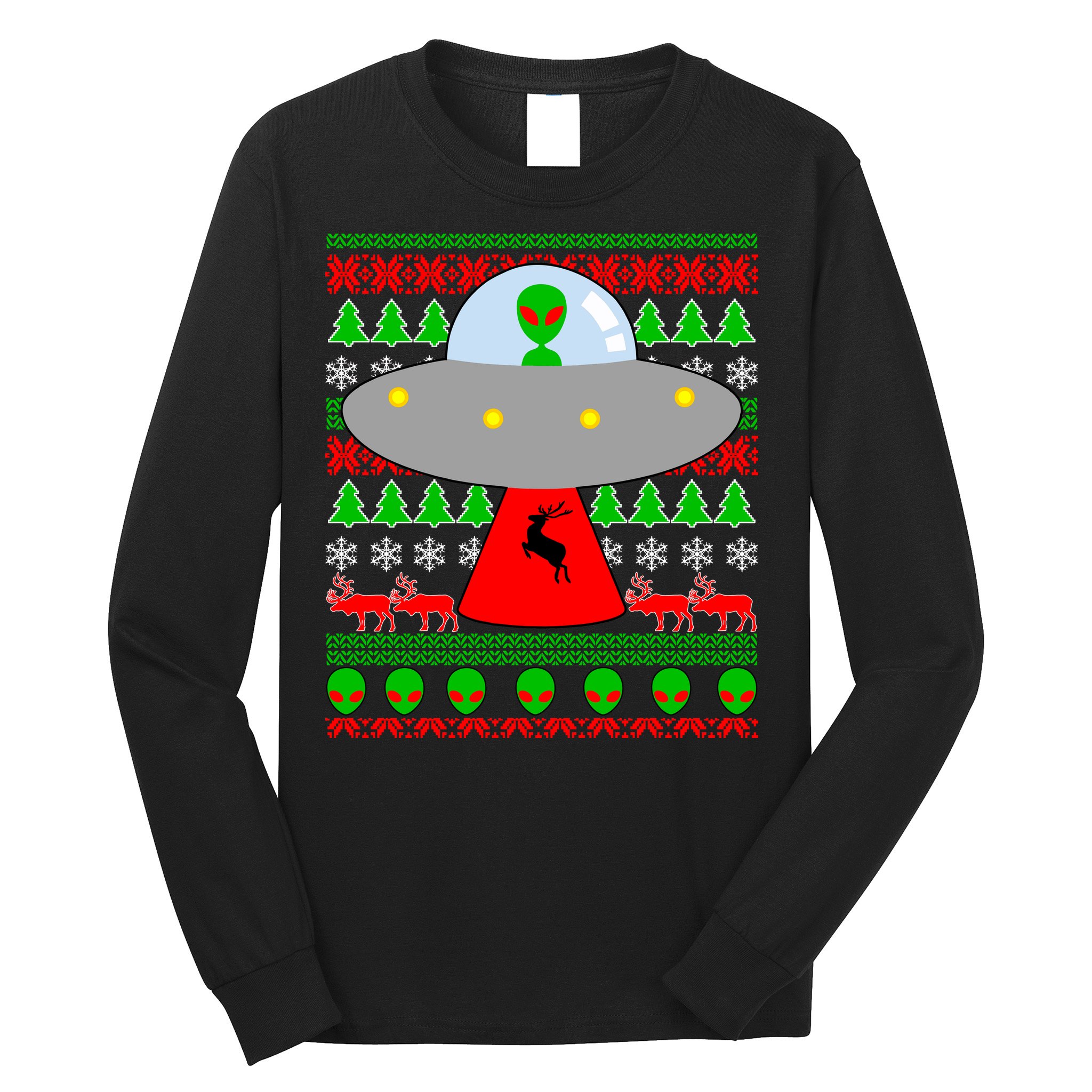 UFO Alien Abducting Reindeer Ugly Christmas Sweater Design Long Sleeve Shirt