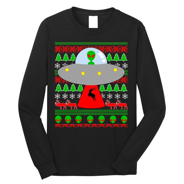 UFO Alien Abducting Reindeer Ugly Christmas Sweater Design Long Sleeve Shirt