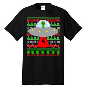 UFO Alien Abducting Reindeer Ugly Christmas Sweater Design Tall T-Shirt