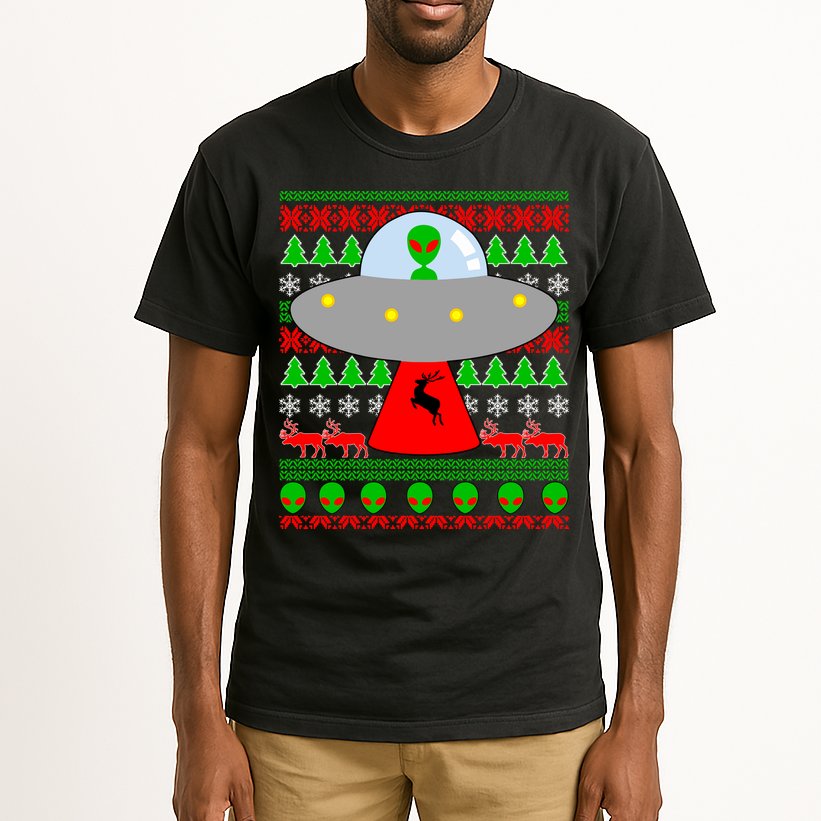UFO Alien Abducting Reindeer Ugly Christmas Sweater Design Tall T-Shirt