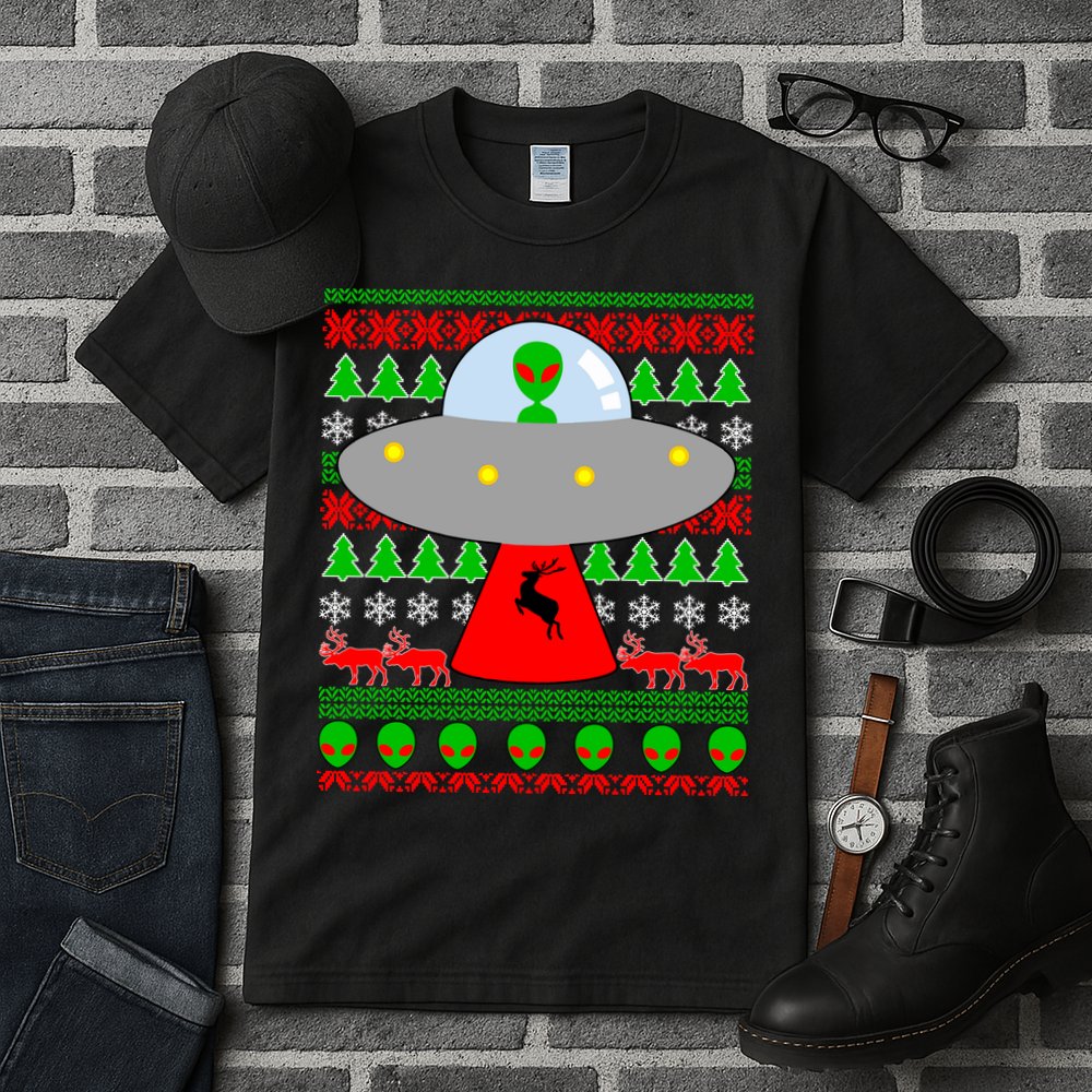 UFO Alien Abducting Reindeer Ugly Christmas Sweater Design Tall T-Shirt