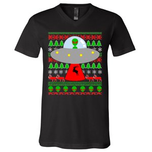 UFO Alien Abducting Reindeer Ugly Christmas Sweater Design V-Neck T-Shirt