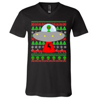 UFO Alien Abducting Reindeer Ugly Christmas Sweater Design V-Neck T-Shirt