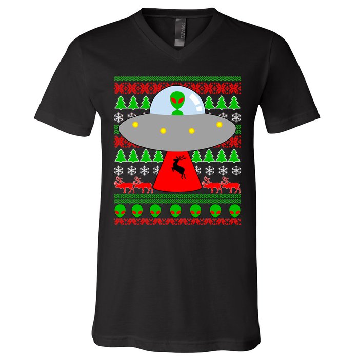 UFO Alien Abducting Reindeer Ugly Christmas Sweater Design V-Neck T-Shirt