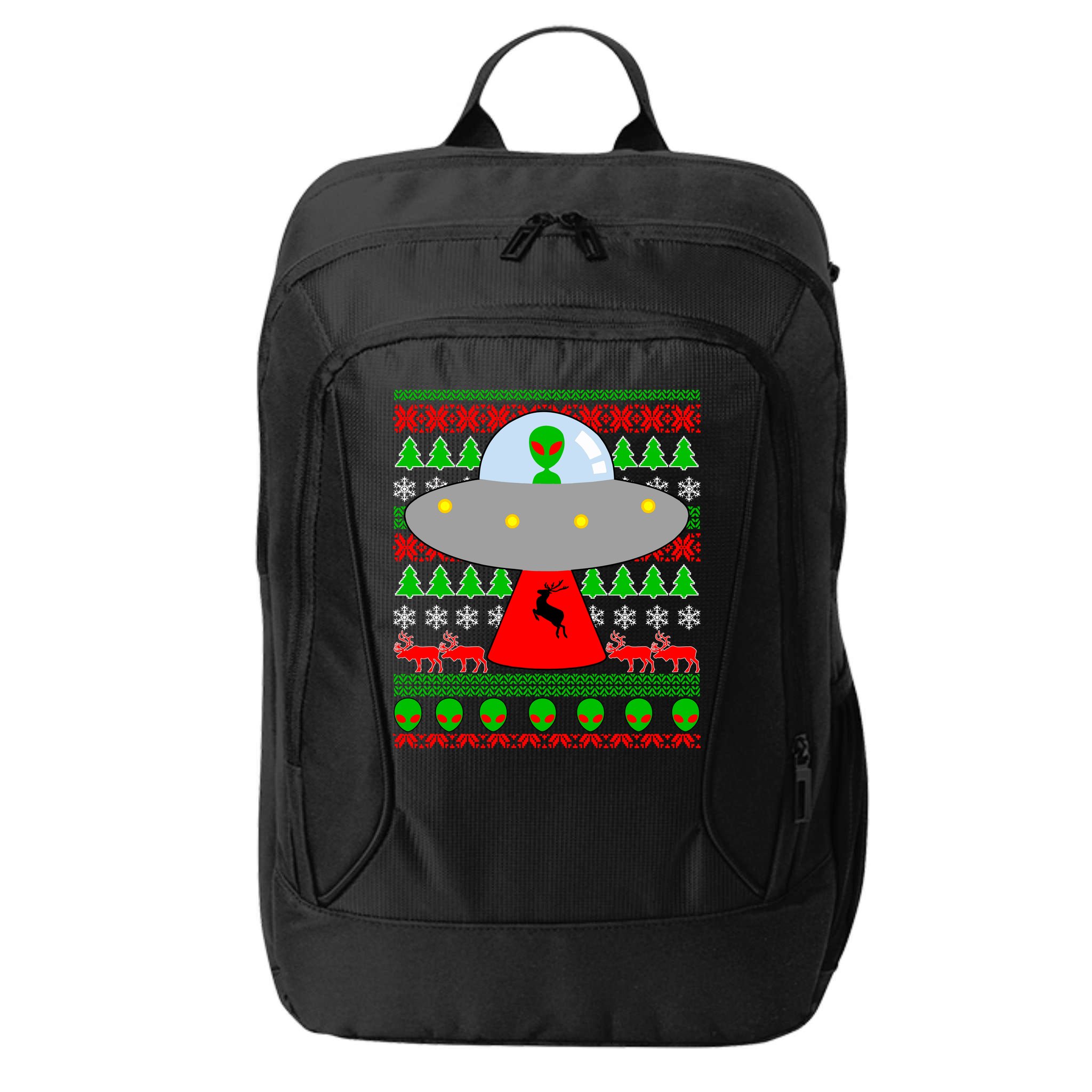 UFO Alien Abducting Reindeer Ugly Christmas Sweater Design City Backpack