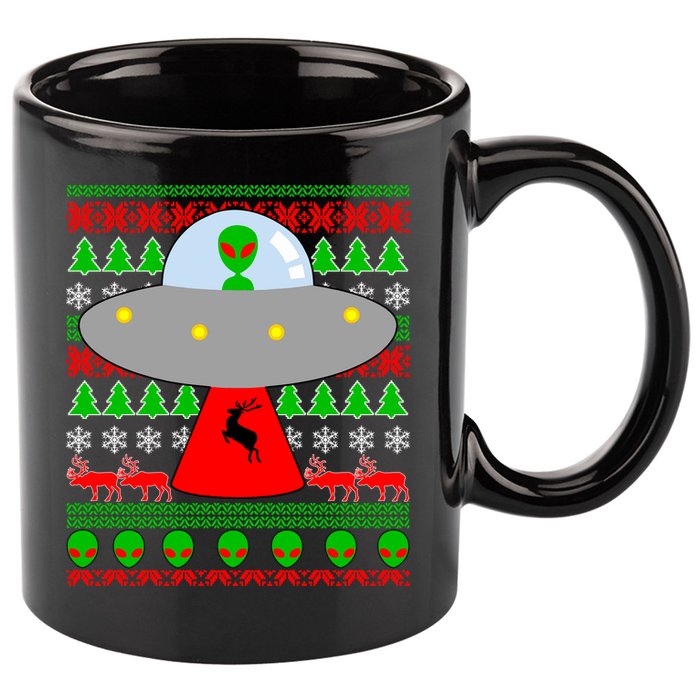 UFO Alien Abducting Reindeer Ugly Christmas Sweater Design 11oz C Handle Ceramic Mug