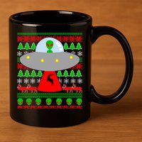 UFO Alien Abducting Reindeer Ugly Christmas Sweater Design 11oz C Handle Ceramic Mug