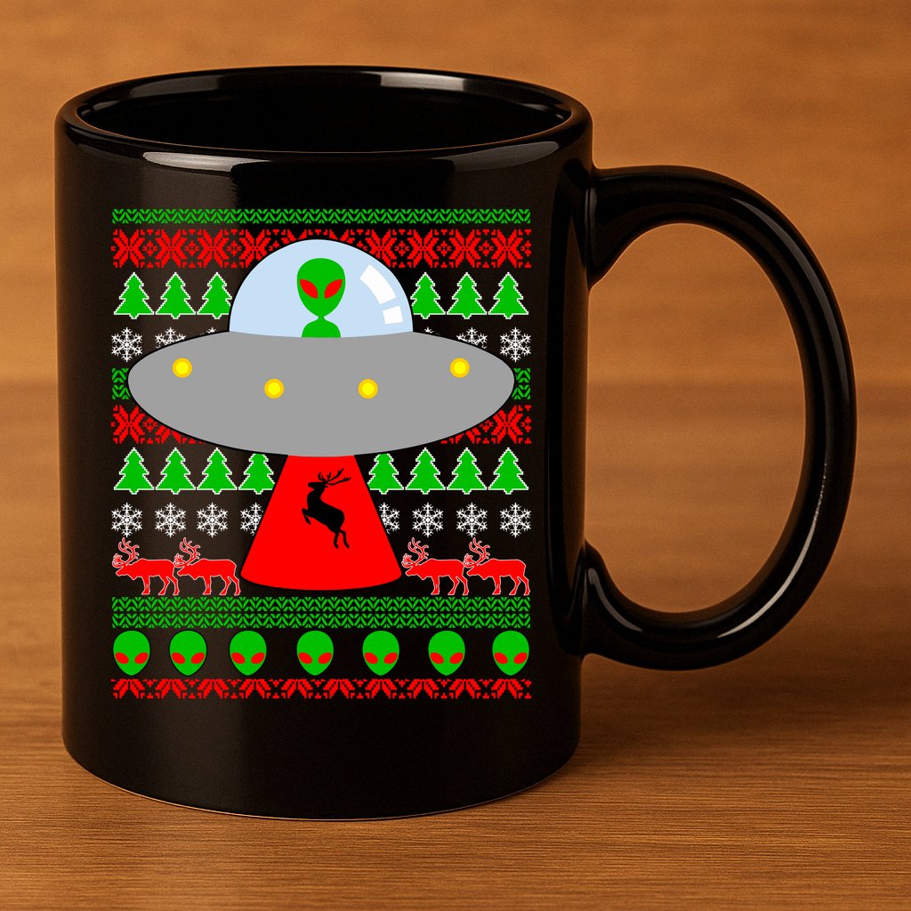 UFO Alien Abducting Reindeer Ugly Christmas Sweater Design 11oz C Handle Ceramic Mug