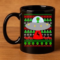 UFO Alien Abducting Reindeer Ugly Christmas Sweater Design 11oz C Handle Ceramic Mug
