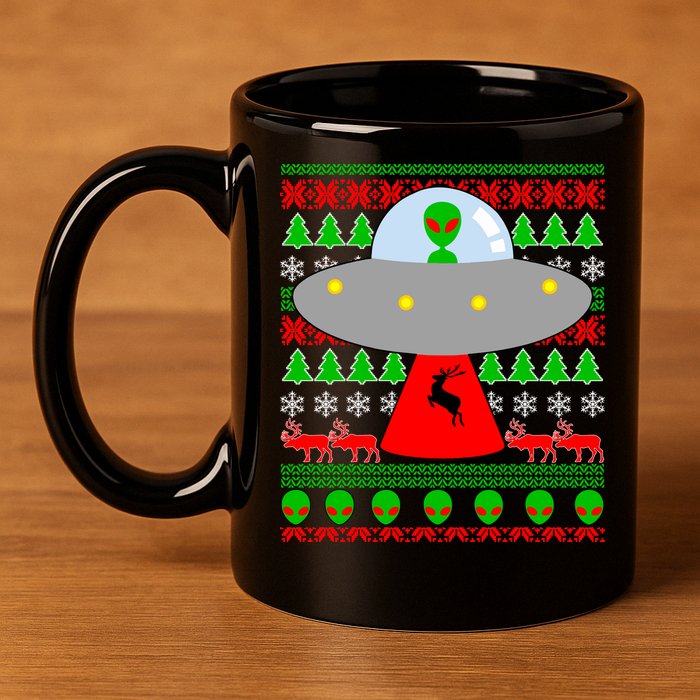 UFO Alien Abducting Reindeer Ugly Christmas Sweater Design 11oz C Handle Ceramic Mug