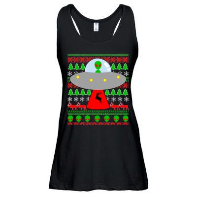 UFO Alien Abducting Reindeer Ugly Christmas Sweater Design Ladies Essential Flowy Tank