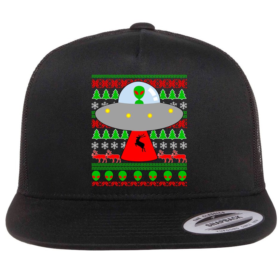 UFO Alien Abducting Reindeer Ugly Christmas Sweater Design Flat Bill Trucker Hat