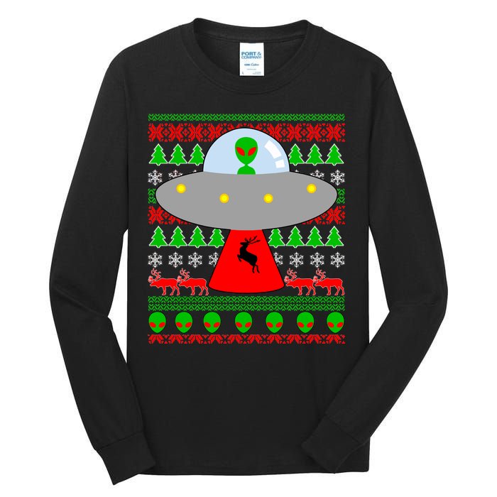 UFO Alien Abducting Reindeer Ugly Christmas Sweater Design Tall Long Sleeve T-Shirt