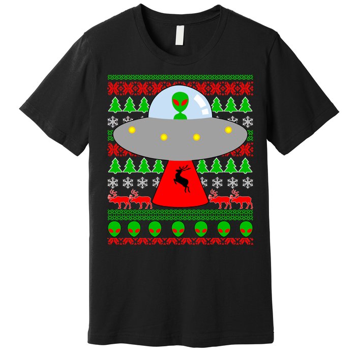 UFO Alien Abducting Reindeer Ugly Christmas Sweater Design Premium T-Shirt