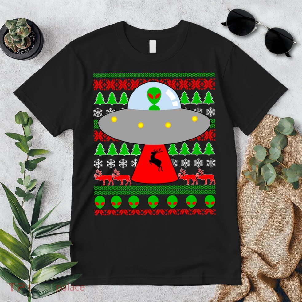 UFO Alien Abducting Reindeer Ugly Christmas Sweater Design Premium T-Shirt