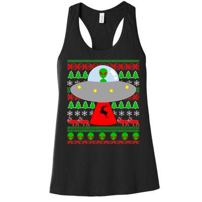 UFO Alien Abducting Reindeer Ugly Christmas Sweater Design Women's Racerback Tank