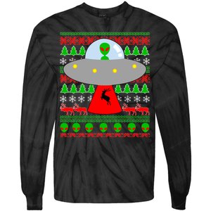 UFO Alien Abducting Reindeer Ugly Christmas Sweater Design Tie-Dye Long Sleeve Shirt