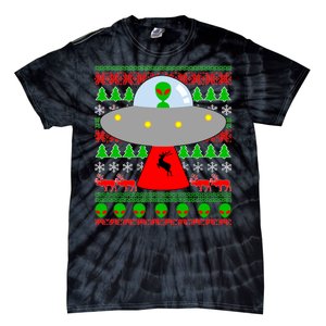 UFO Alien Abducting Reindeer Ugly Christmas Sweater Design Tie-Dye T-Shirt