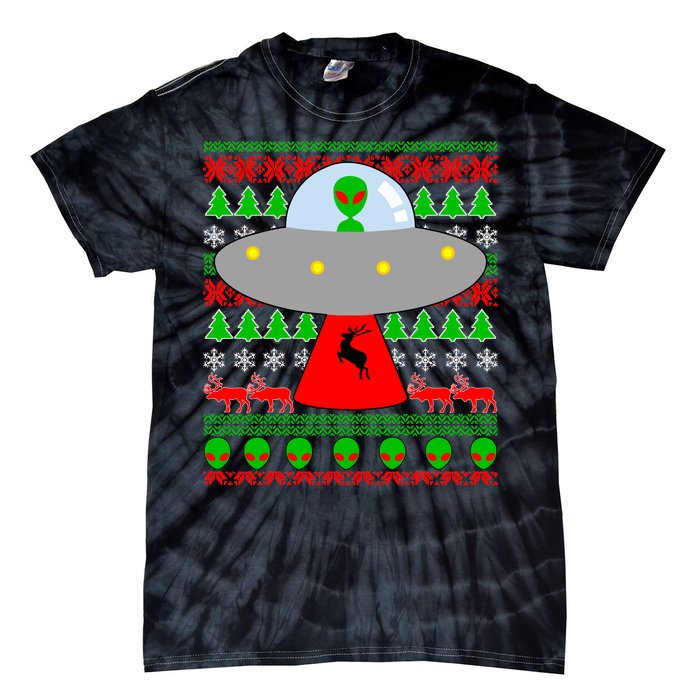 UFO Alien Abducting Reindeer Ugly Christmas Sweater Design Tie-Dye T-Shirt