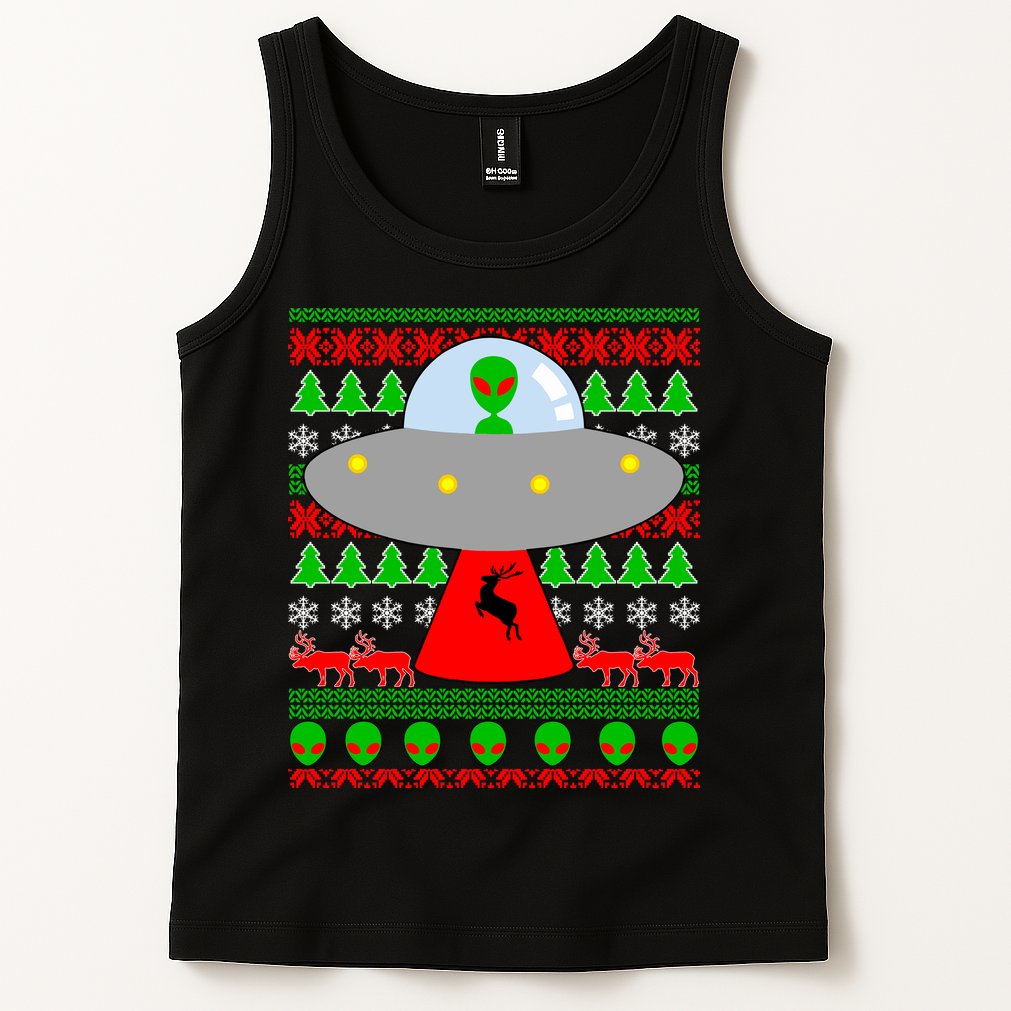 UFO Alien Abducting Reindeer Ugly Christmas Sweater Design Tank Top