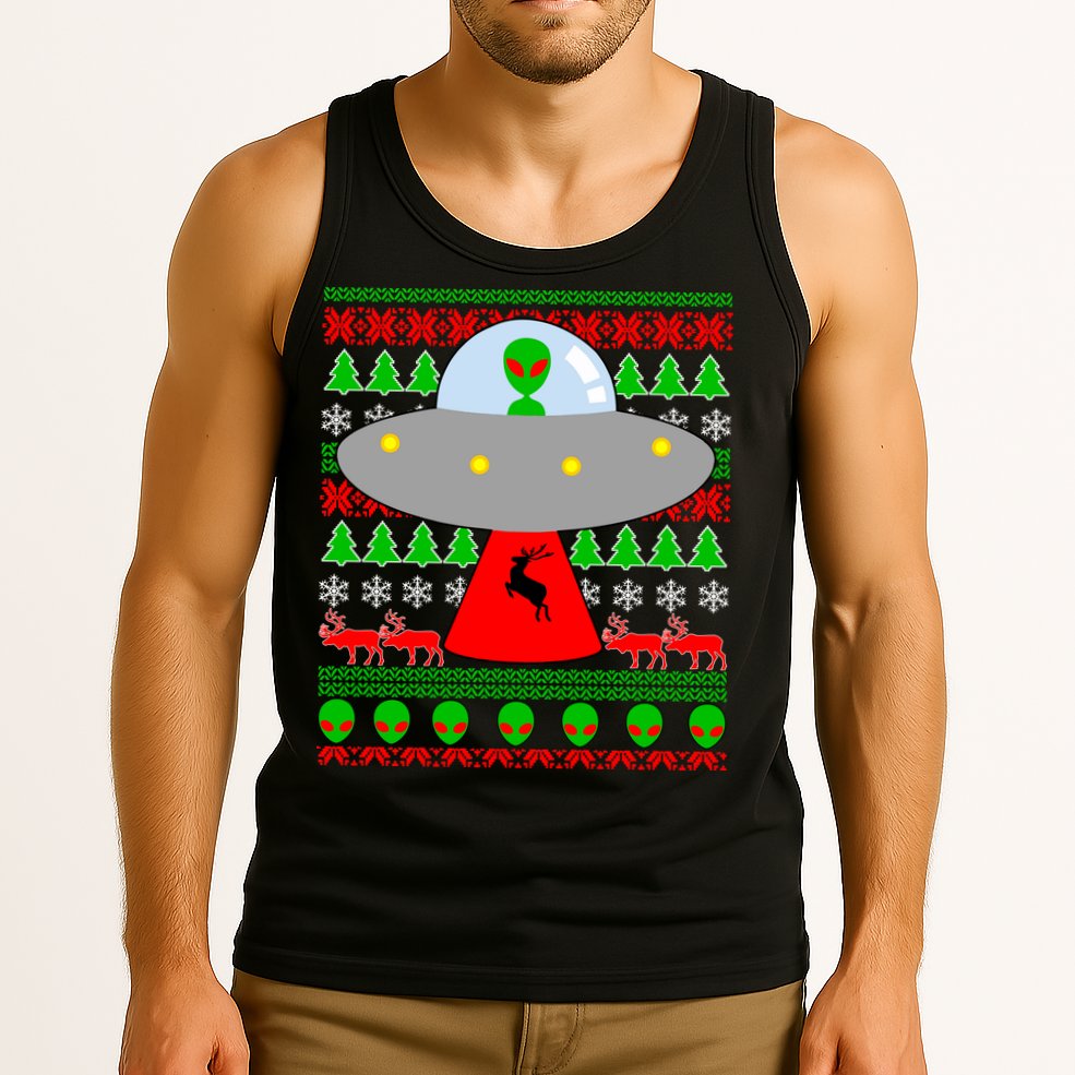 UFO Alien Abducting Reindeer Ugly Christmas Sweater Design Tank Top