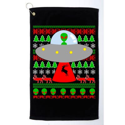 UFO Alien Abducting Reindeer Ugly Christmas Sweater Design Golf Towel